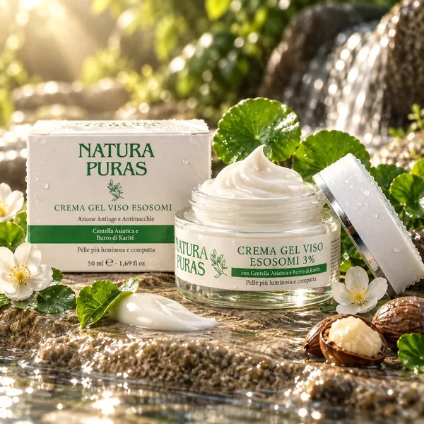 Crema Gel Viso Esosomi 3% NaturaPuras da 50 ml con centella asiatica e burro di karité, vasetto aperto e astuccio