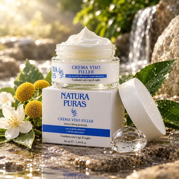 Crema Viso Effetto Filler NaturaPuras da 50 ml con acmella oleracea e acido ialuronico: vasetto aperto e astuccio tra fiori di acmella