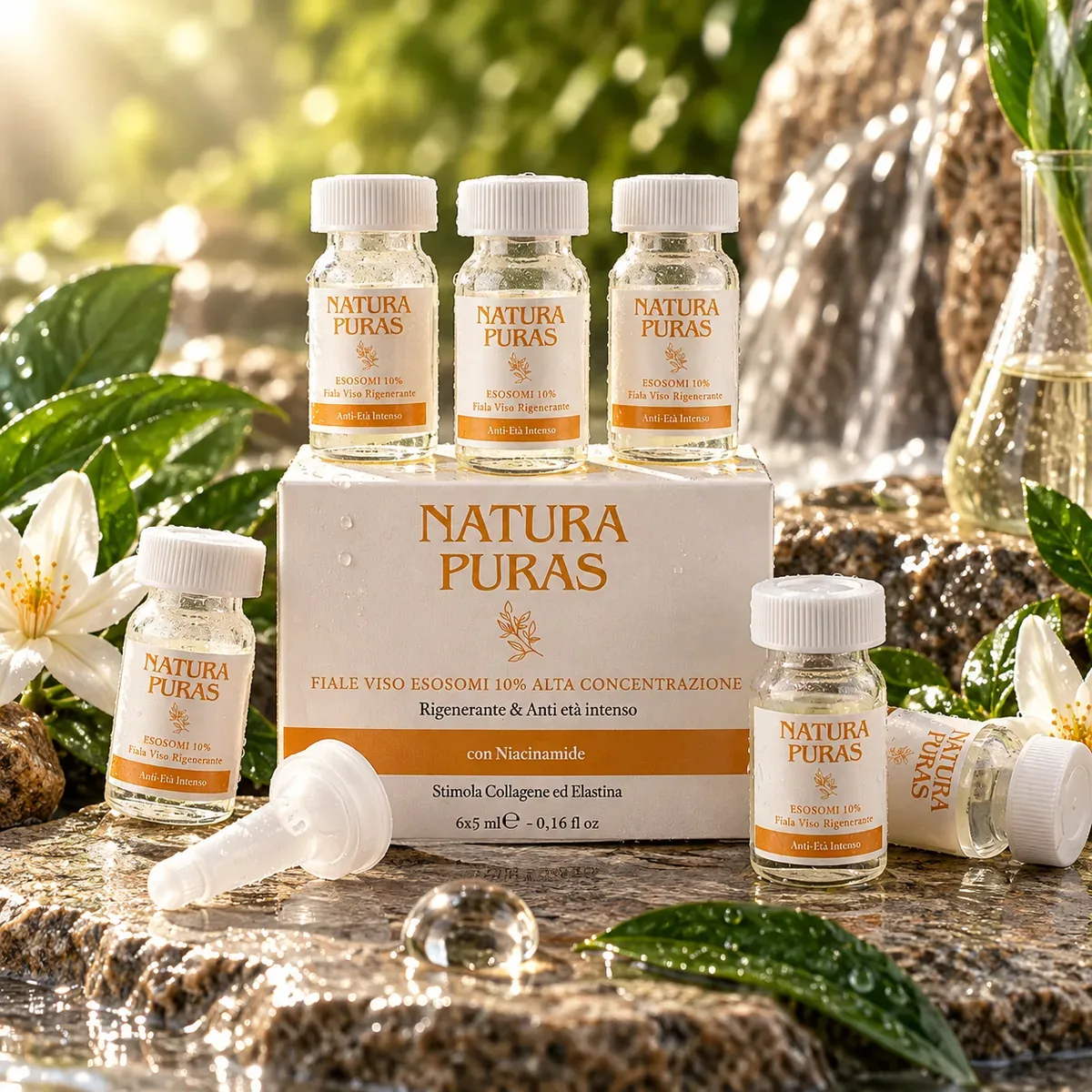 Fiale Viso Esosomi 10% NaturaPuras: astuccio con 6 fiale da 5 ml e contagocce, tra fiori bianchi e acqua che scorre sulla pietra