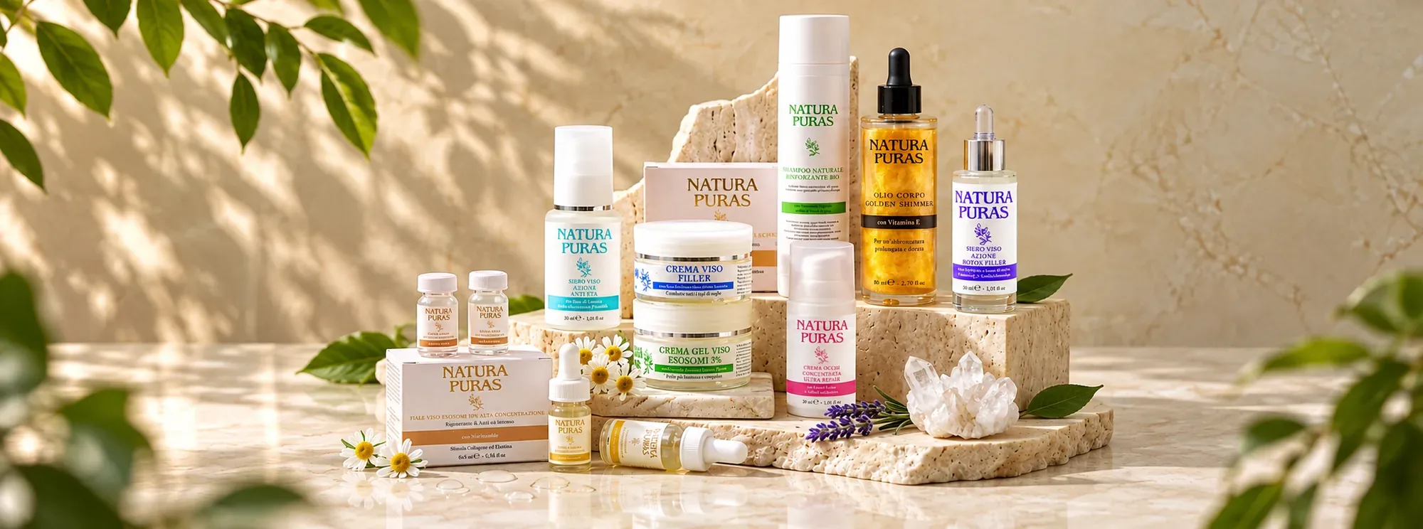 La linea skincare NaturaPuras su pietra travertino: fiale agli esosomi, sieri viso, creme viso, contorno occhi, shampoo e olio corpo