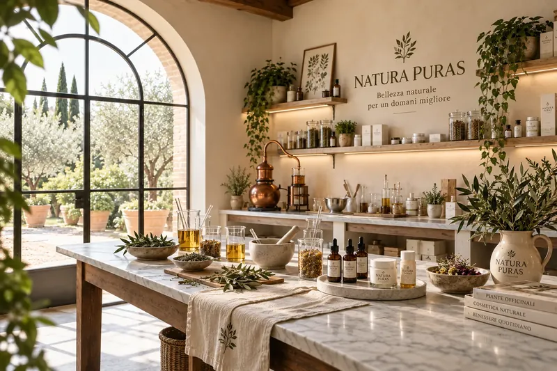 Ambientazione NaturaPuras: piante officinali, olivi e prodotti della linea su un banco in marmo
