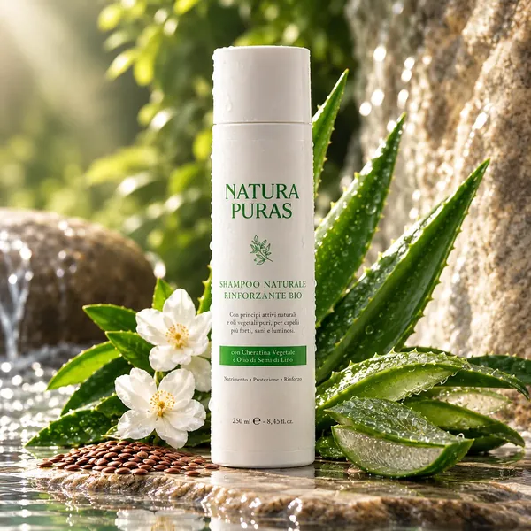 Shampoo Naturale Rinforzante NaturaPuras da 250 ml, senza solfati, con cheratina vegetale e olio di semi di lino, tra foglie di aloe e semi di lino