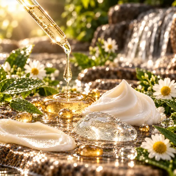 Texture di crema, gel e siero con gocce dorate tra fiori di camomilla